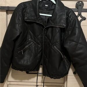 DKNY Black Faux Leather Cropped Zip Jacket